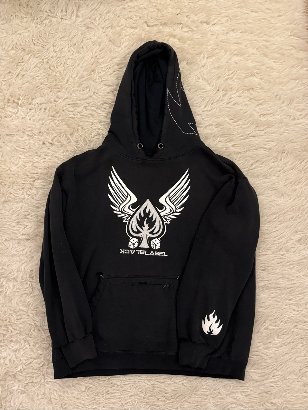 Black Label Black Crewneck Hoodie with White Winged Flame Graphic